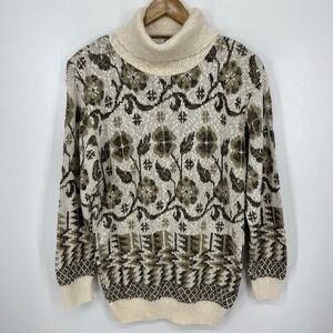 Vintage Diversity Womens M Floral Intarsia Turtleneck Sweater Cream USA Made
